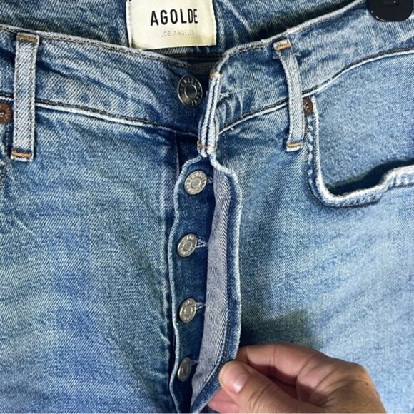 AGOLDE Riley Long Jeans Blue Distressed Straight Leg High Waist Size 29 - Picture 4 of 9